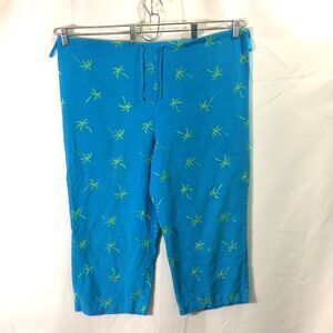 Y2K Vintage Dressbarn Silk Linen Pants Palm Tree Print Blue XL Drawstring